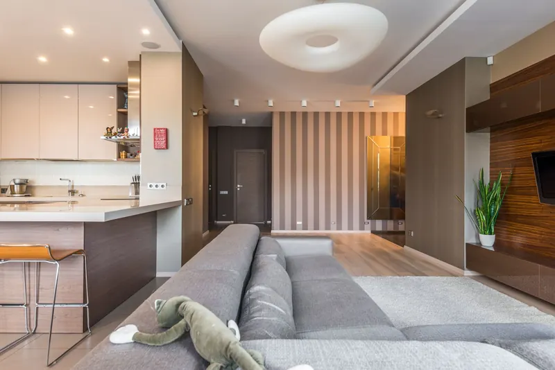 Spacious living room with a modern, minimalist design and open kitchen layout