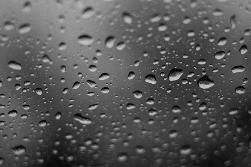 Black and white close-up of water droplets on a glass window, capturing the essence of rain