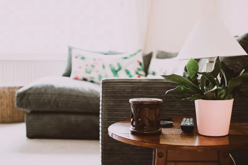 Warm and inviting living room featuring a cozy sofa, stylish decor, and natural light