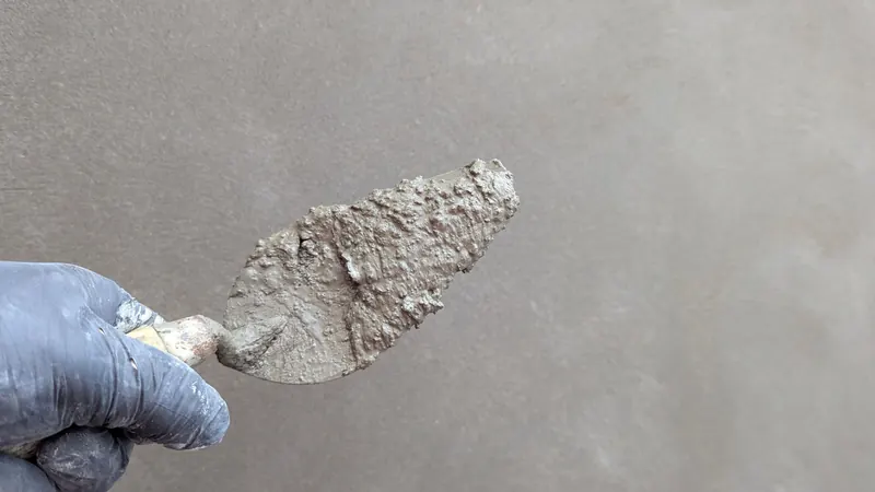 Hand wearing glove holds plaster trowel against smooth wall, depicting construction work